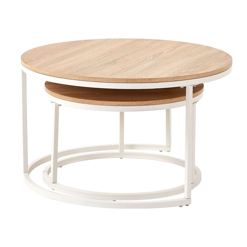 CARB 2er Set Couchtische aus Eisenrahmen - Eiche Φ80 * 45cm / Φ60 * 35cm - Hellbraun