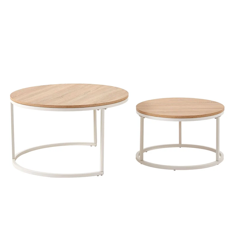 CARB 2er Set Couchtische aus Eisenrahmen - Eiche Φ80 * 45cm / Φ60 * 35cm - Hellbraun