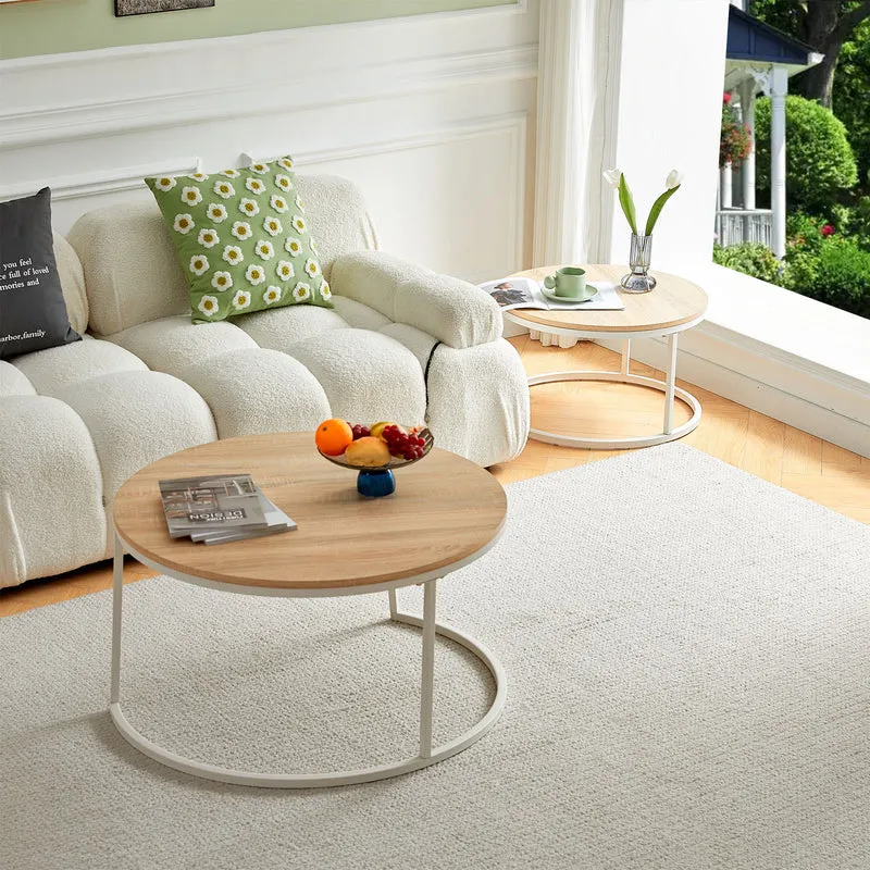 CARB 2er Set Couchtische aus Eisenrahmen - Eiche Φ80 * 45cm / Φ60 * 35cm - Hellbraun