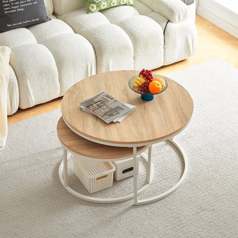 CARB 2er Set Couchtische aus Eisenrahmen - Eiche Φ80 * 45cm / Φ60 * 35cm - Hellbraun