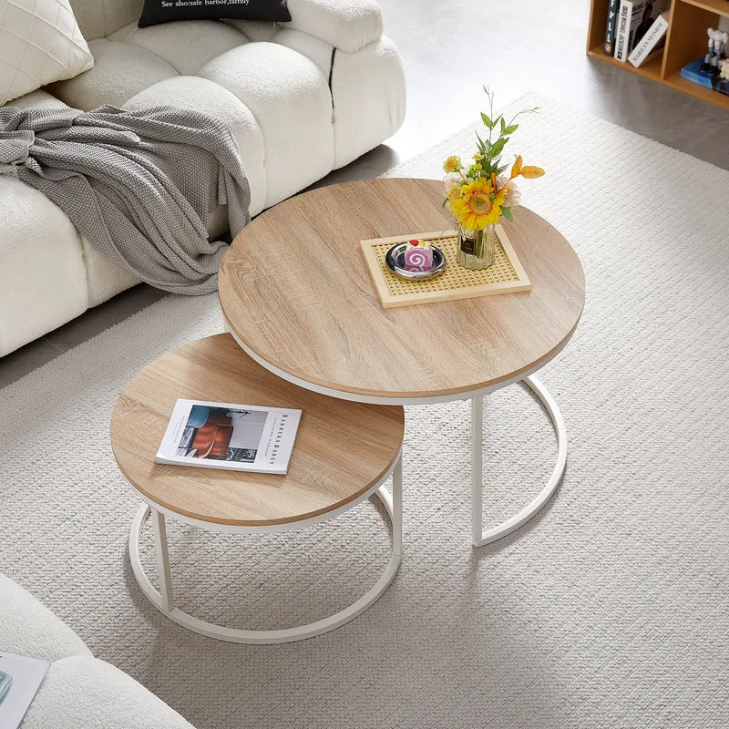 CARB 2er Set Couchtische aus Eisenrahmen - Eiche Φ80 * 45cm / Φ60 * 35cm - Hellbraun