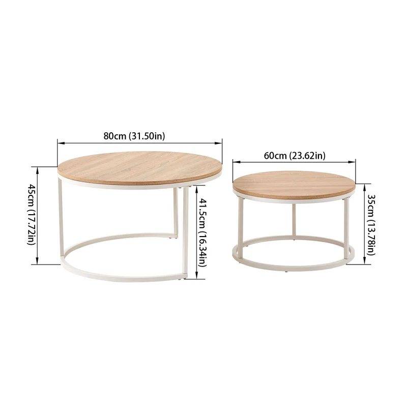 CARB 2er Set Couchtische aus Eisenrahmen - Eiche Φ80 * 45cm / Φ60 * 35cm - Hellbraun
