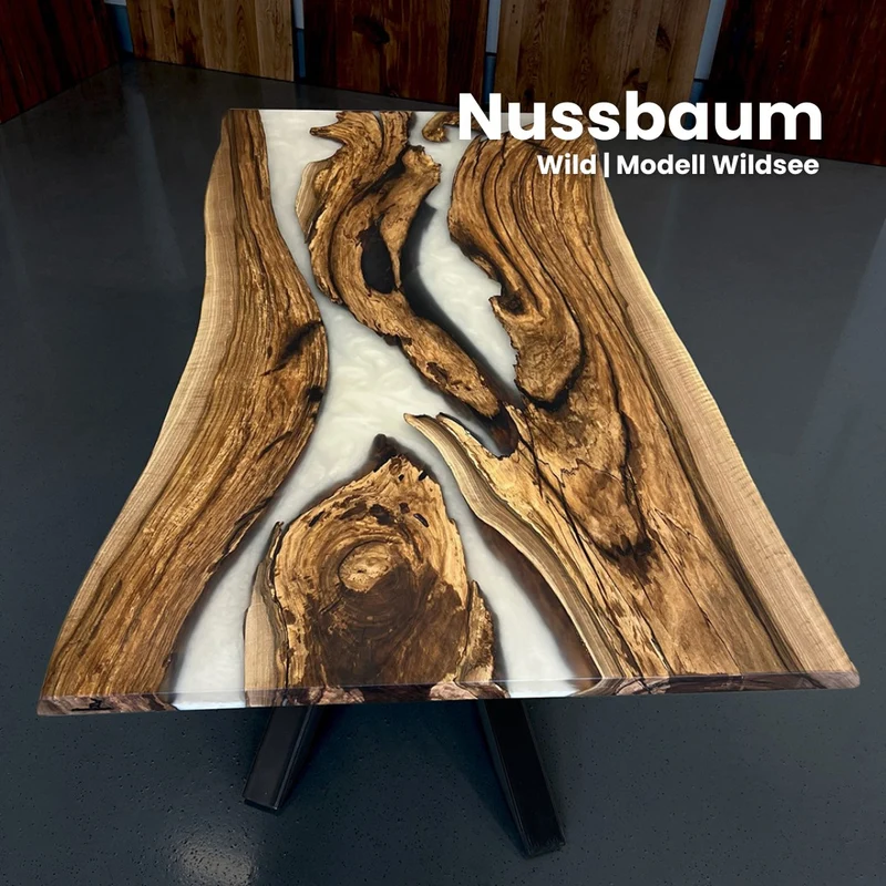 Epoxidharz Tisch aus Nussbaum in weiß | Modell Wildsee
