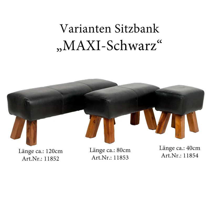 Leder Bank MAXI Schwarz 120cm Teakholz Turnbock
