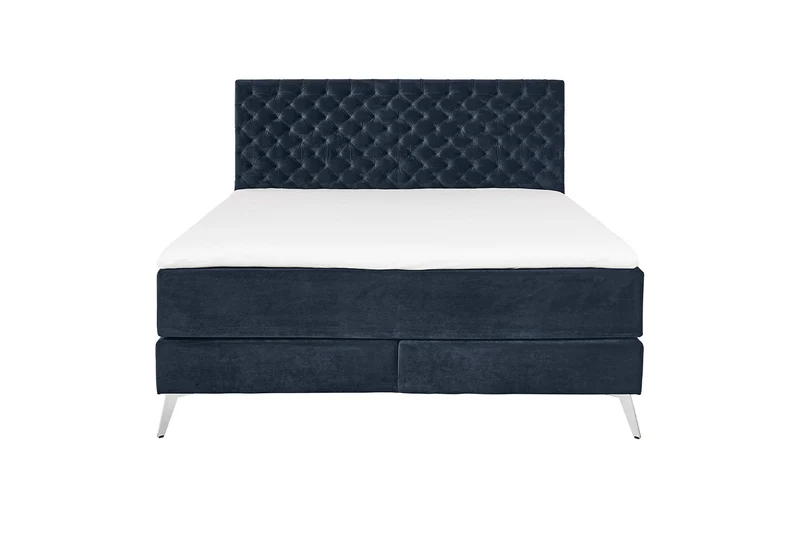 KAWOLA Bett SINDAR Boxspringbett Stoff dunkelblau Fuß silber ohne Topper 160x200cm