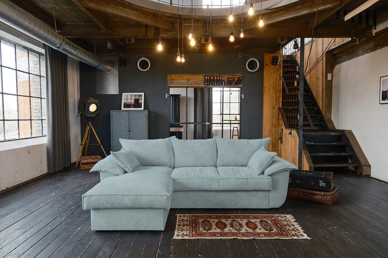 KAWOLA Sofa DAMETO Ecksofa Bettsofa Schlafsofa mit Stauraum Cord hellblau