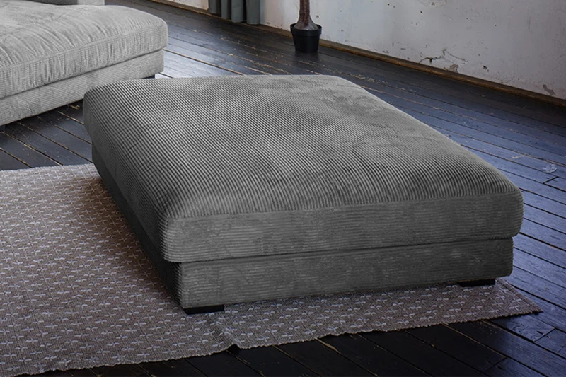 KAWOLA Big Sofa MADELINE Cord grau mit Hocker und 4 Zierkissen