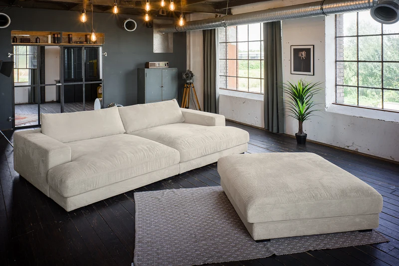KAWOLA Big Sofa MADELINE Cord cremeweiß mit Hocker und 4 Zierkissen