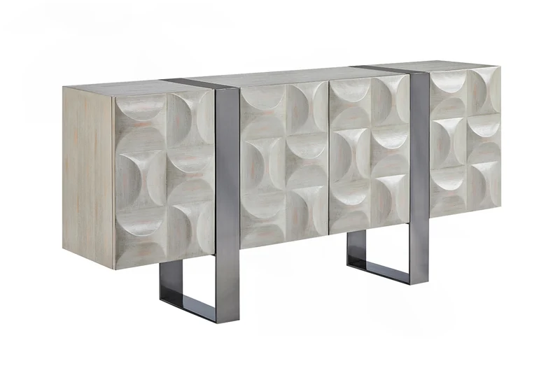 KAWOLA Sideboard MARGO 4 Türen Ulme furniert grau Fuß Edelstahl gebürstet