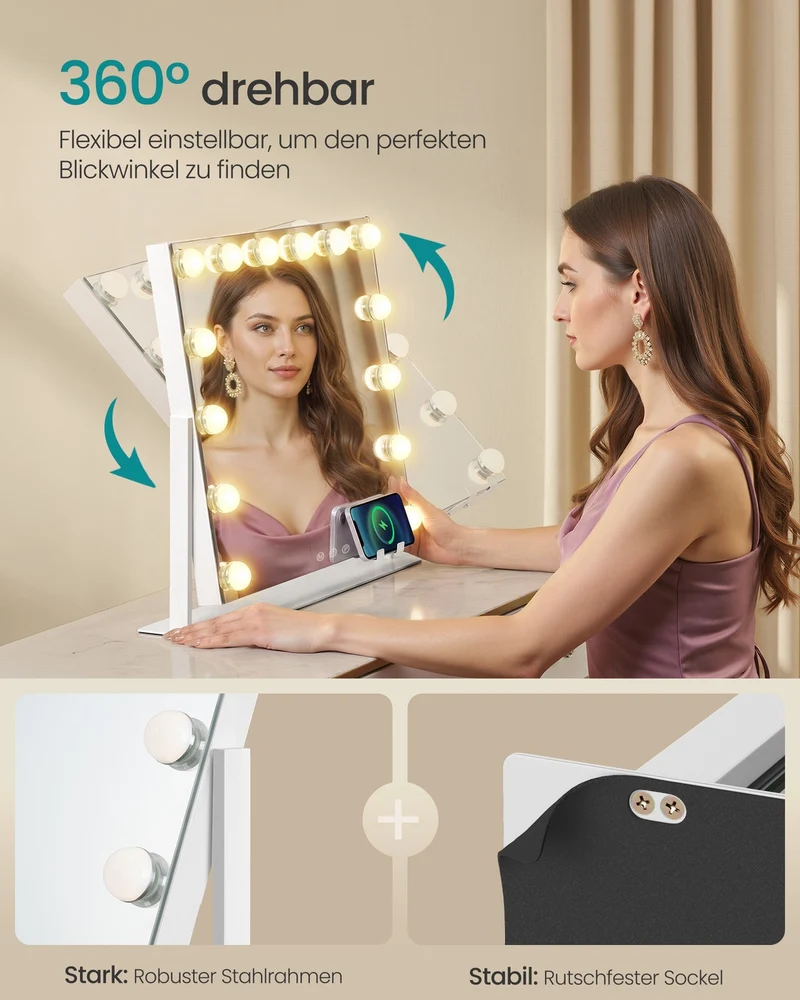 Schminkspiegel - 14 LED-Lampen - Mit USB-Ladegerät Und Touch-Bedienung