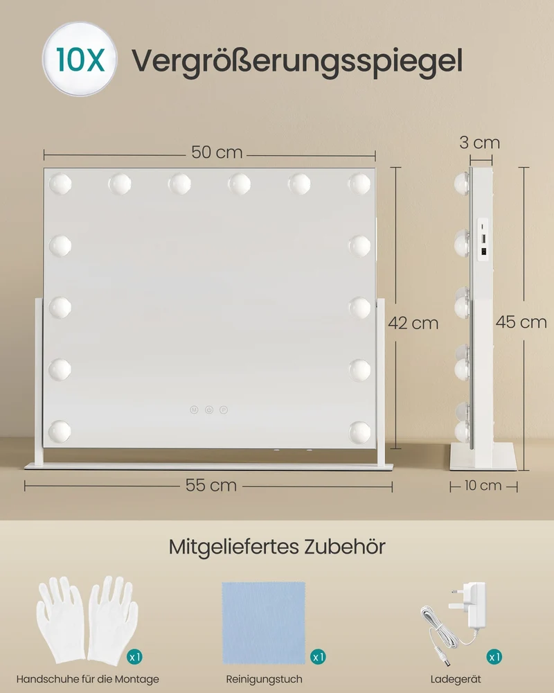 Schminkspiegel - 14 LED-Lampen - Mit USB-Ladegerät Und Touch-Bedienung