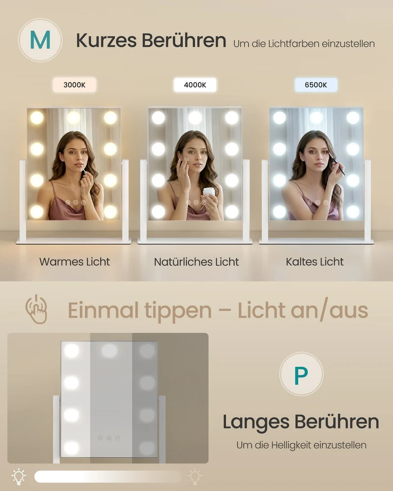 Schminkspiegel - 9 LED-Lampen - Mit USB-Ladegerät Und Touch-Bedienung