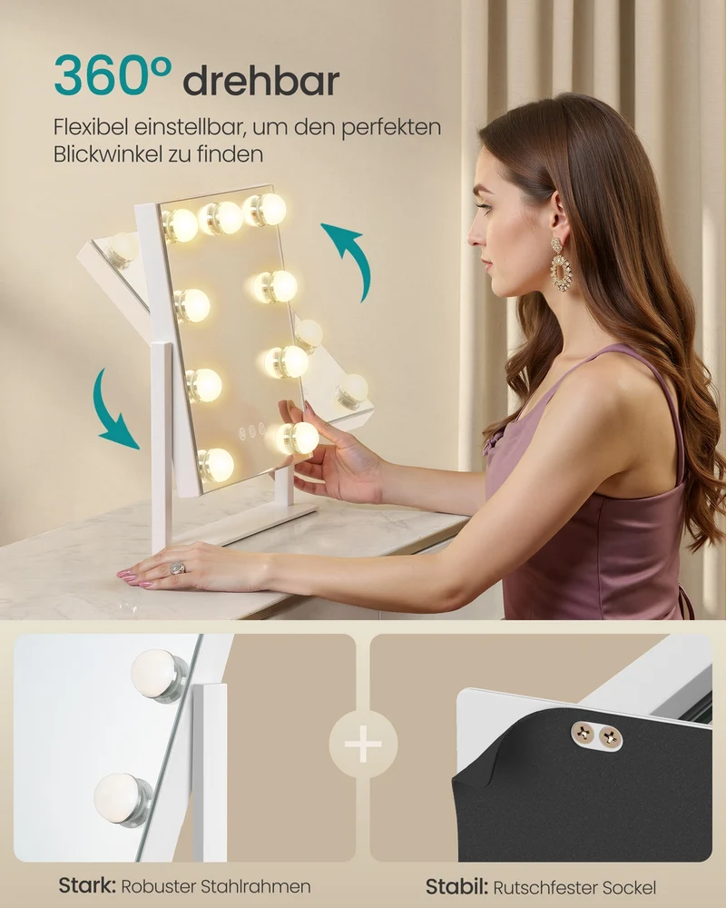 Schminkspiegel - 9 LED-Lampen - Mit USB-Ladegerät Und Touch-Bedienung