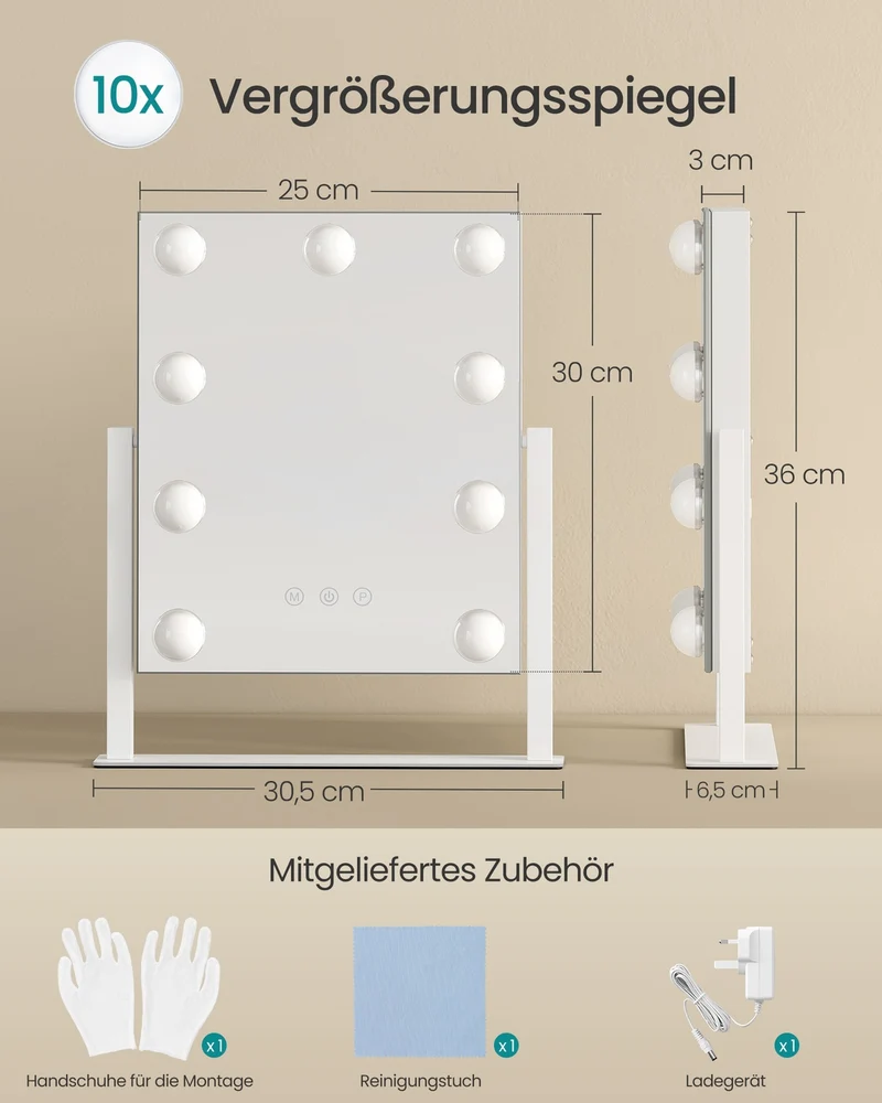 Schminkspiegel - 9 LED-Lampen - Mit USB-Ladegerät Und Touch-Bedienung