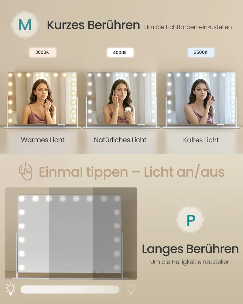 Schminkspiegel - 18 LED-Lampen - Mit USB-Ladegerät Und Touch-Bedienung