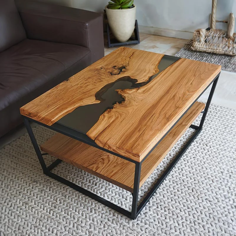 Couchtisch Epoxidharz aus Eiche mit Cube-Gestell | Modell Rötenbach