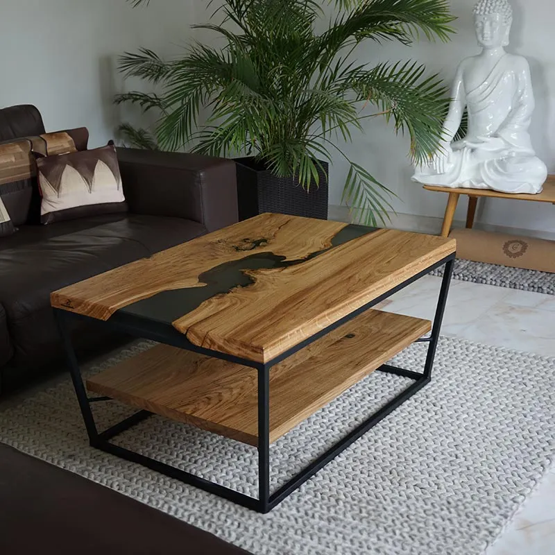 Couchtisch Epoxidharz aus Eiche mit Cube-Gestell | Modell Rötenbach