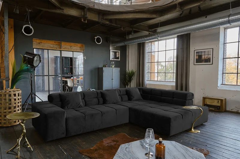 B-Ware KAWOLA Sofa NEVADA Ecksofa Velvet schwarz Recamiere rechts mit motorischem Sitzvorzug