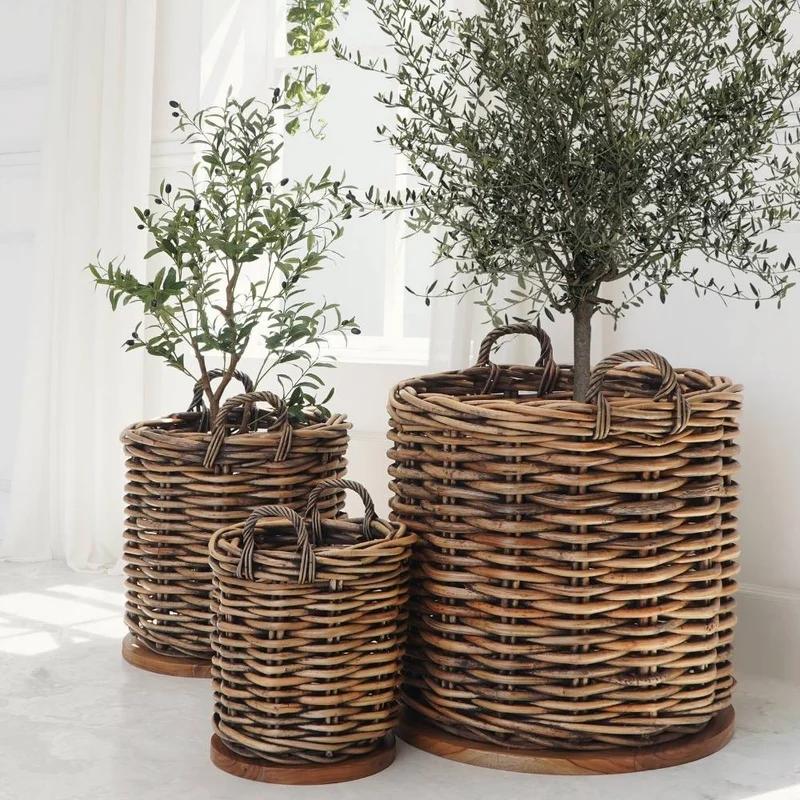 Dickes CL Rattan Korb CESTINO braun ca.H80cm Teakbodenplatte