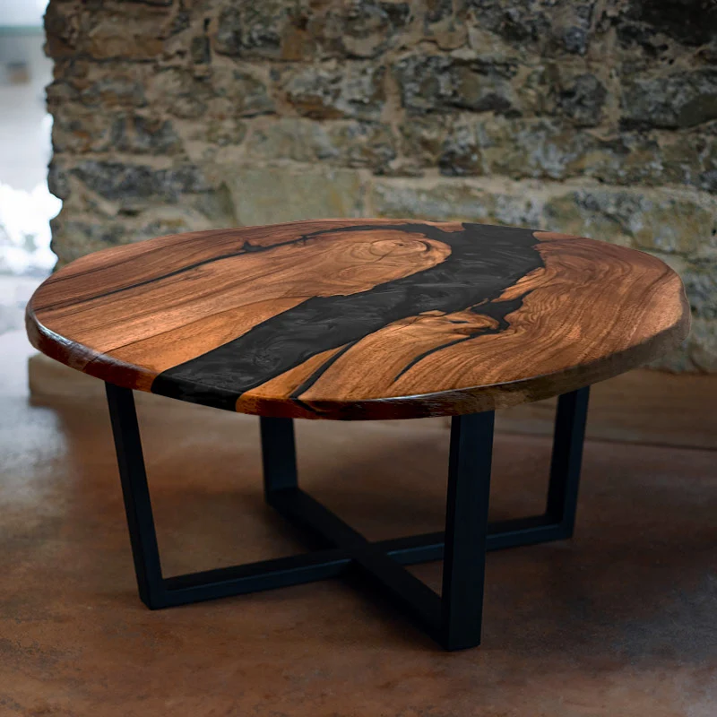 Couchtisch rund mit Naturkanten aus Nussbaum & Epoxidharz grau | Modell Titisee