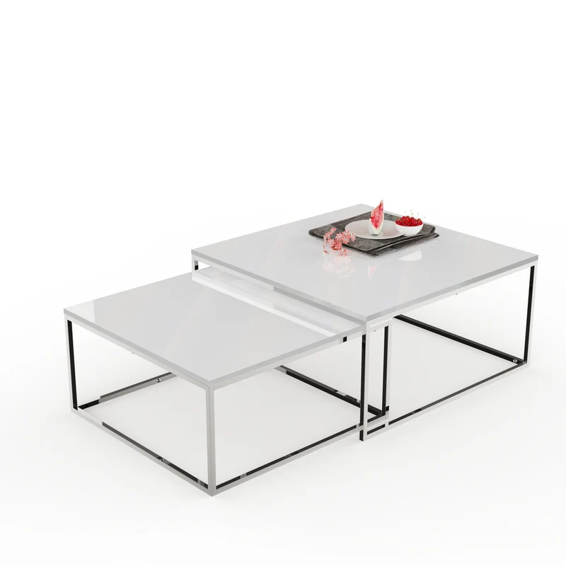 2er Set Design Couchtisch MENTO weiss hochglanz 60cm Edelstahl