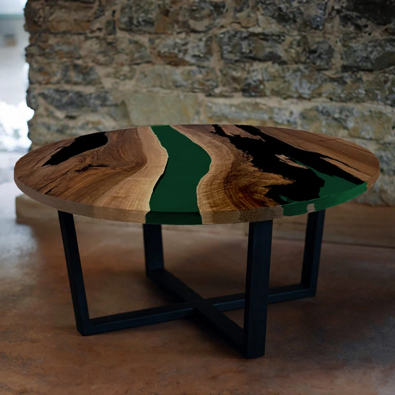 Couchtisch Nussbaum rund mit Epoxidharz smaragd-grün | Modell Gletschersee