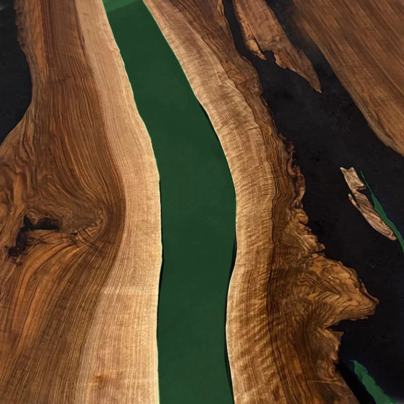 Couchtisch Nussbaum rund mit Epoxidharz smaragd-grün | Modell Gletschersee
