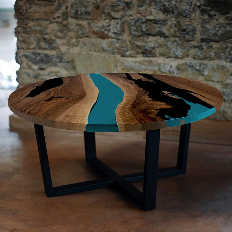 Couchtisch Nussbaum rund mit Epoxidharz türkis | Modell Gletschersee