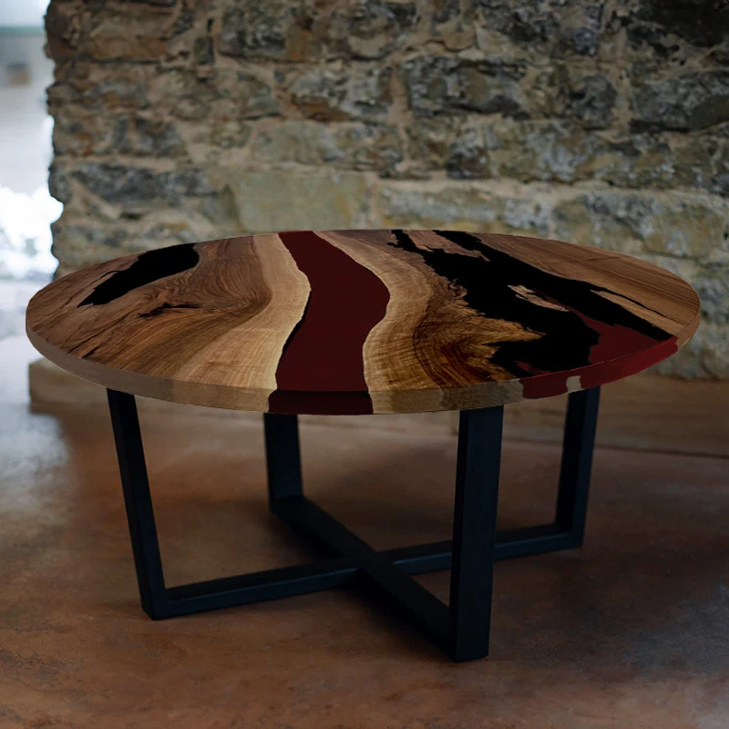 Couchtisch Nussbaum rund mit Epoxidharz weinrot | Modell Gletschersee