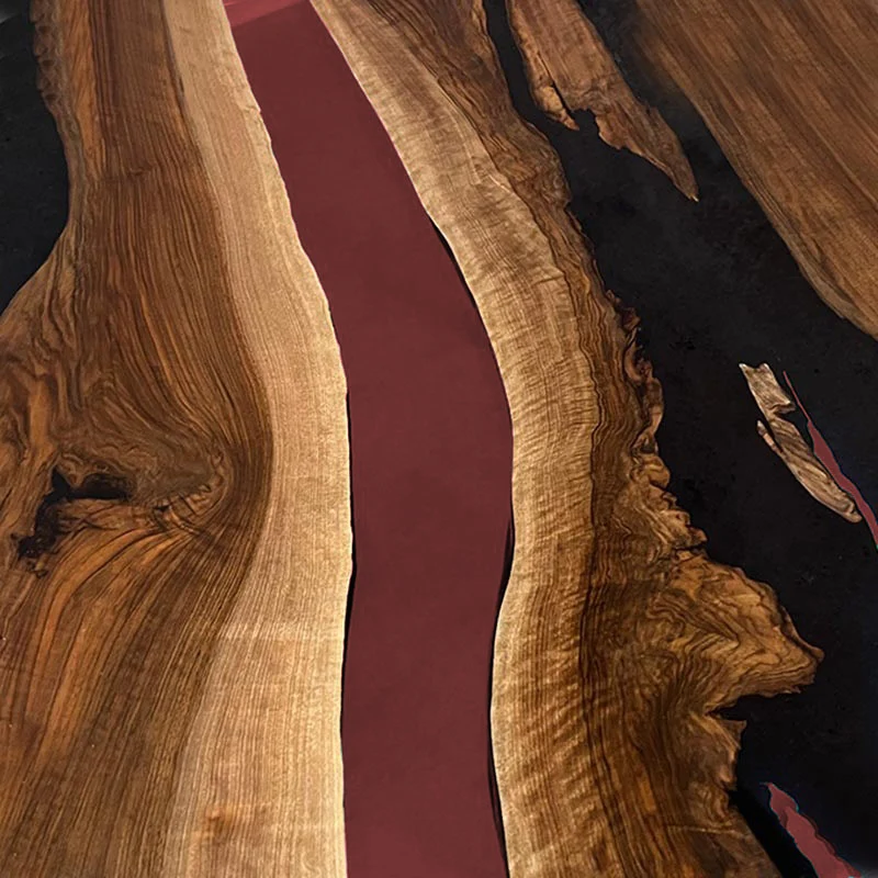 Couchtisch Nussbaum rund mit Epoxidharz weinrot | Modell Gletschersee