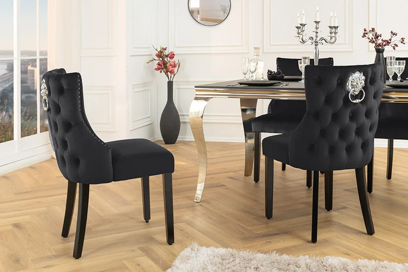 Edler Stuhl LEON Samt schwarz Löwenkopf Nieten Chesterfield