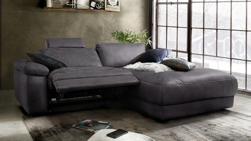 KAWOLA Sofa LOLA Ecksofa Stoff schwarz mit motorischer Relaxfunktion