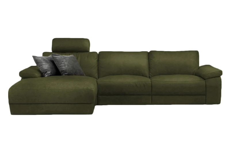 KAWOLA Sofa LOLA Ecksofa Stoff moosgrün mit motorischer Relaxfunktion