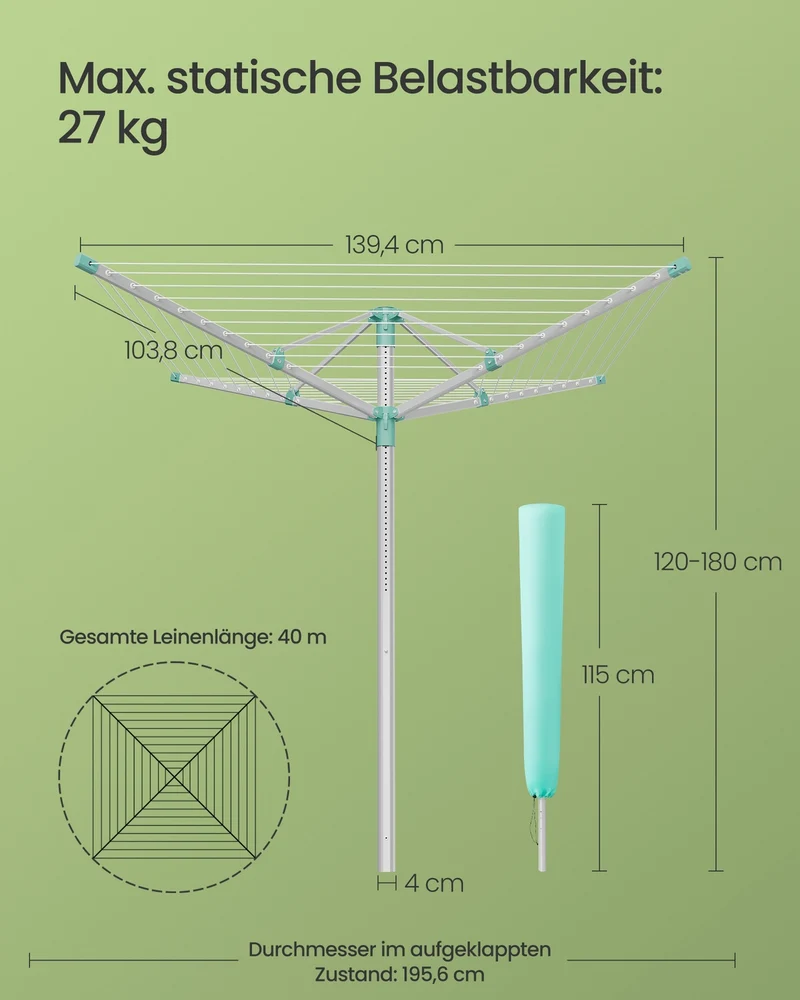 Wäschespinne Höhenverstellbar - 60 m Trockenleine Mit Bodenanker - Für 6 Waschladungen