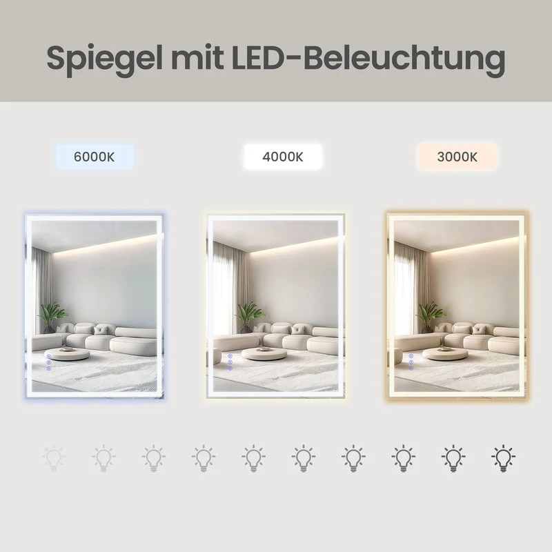 Badspiegel mit LED-Beleuchtung – Dimmbar – Rechteckig – 2 Größen – für Badezimmer & Schminkecke