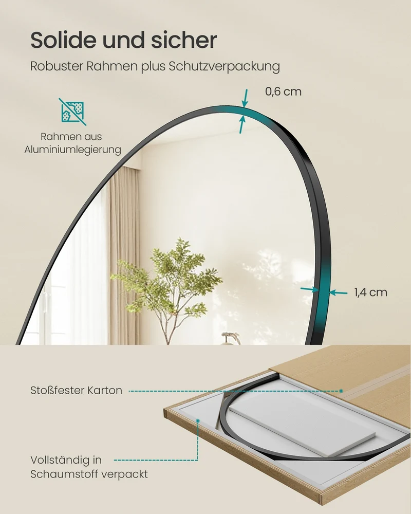 Standspiegel 160 x 50 cm - Gewölbter Spiegel Mit Aluminiumrahmen - Für Schlafzimmer