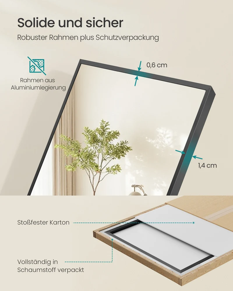 Standspiegel 150 x 40 cm - Rechteckig Mit Aluminiumrahmen - Für Schlafzimmer