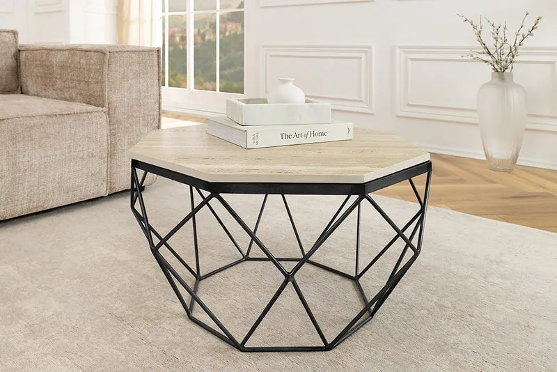 Exklusiver Couchtisch BIJOUX ca.70cm beige Travertin schwarz Metall