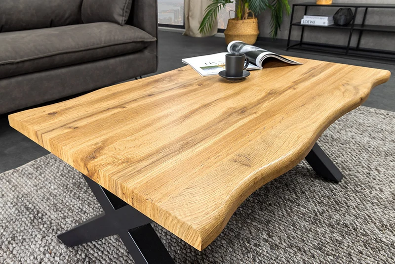 Wildeiche-Design Couchtisch OAKLAND 90cm Metallgestell Baumkante