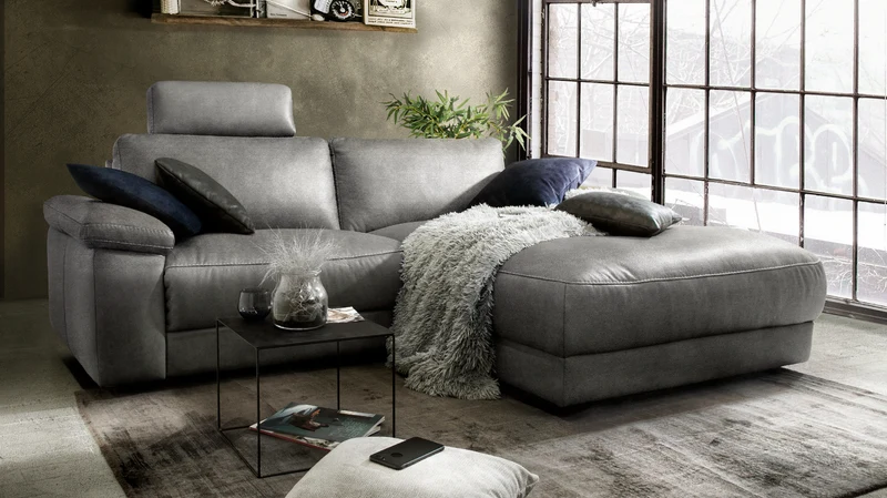 KAWOLA Sofa LOLA Ecksofa Stoff grau mit motorischer Relaxfunktion