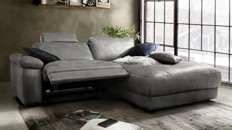 KAWOLA Sofa LOLA Ecksofa Stoff grau mit motorischer Relaxfunktion