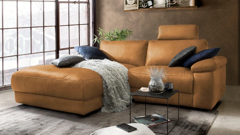 KAWOLA Sofa LOLA Ecksofa Stoff cognac mit motorischer Relaxfunktion
