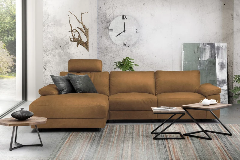 KAWOLA Sofa LOLA Ecksofa Stoff cognac mit motorischer Relaxfunktion