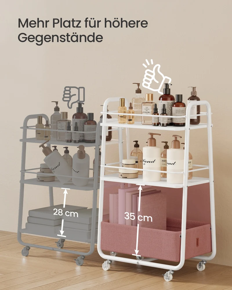 Trolley Mit 3 Ebenen - Fahrbar Mit Stoffkorb - Für Küche Und Badezimmer