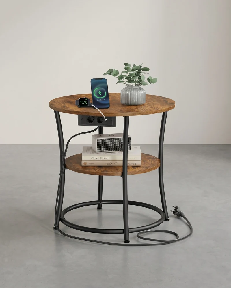 Runder Couchtisch Mit 2 Ebenen - Mit Steckdosenleiste - Für Wohnzimmer Und Schlafzimmer
