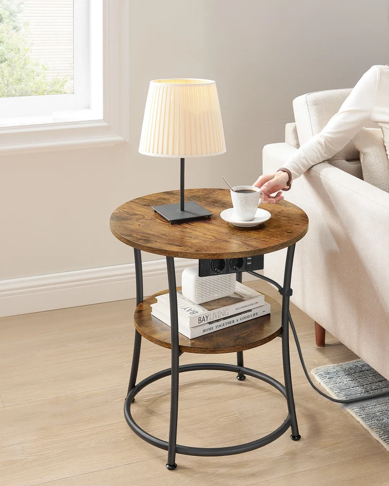 Runder Couchtisch Mit 2 Ebenen - Mit Steckdosenleiste - Für Wohnzimmer Und Schlafzimmer