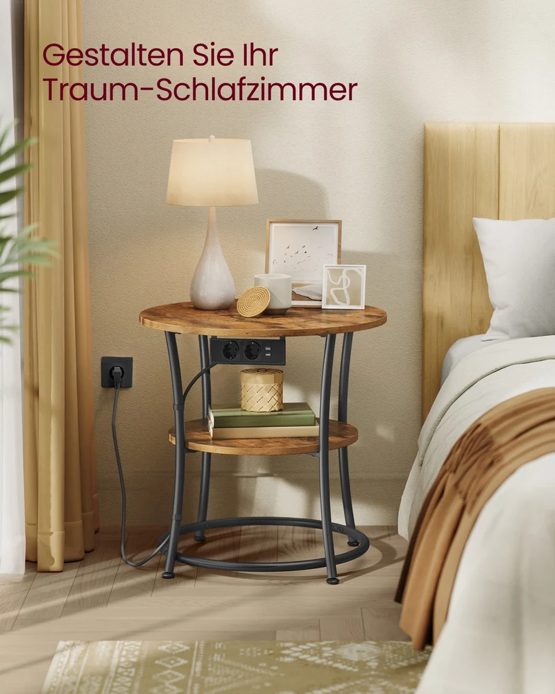 Runder Couchtisch Mit 2 Ebenen - Mit Steckdosenleiste - Für Wohnzimmer Und Schlafzimmer