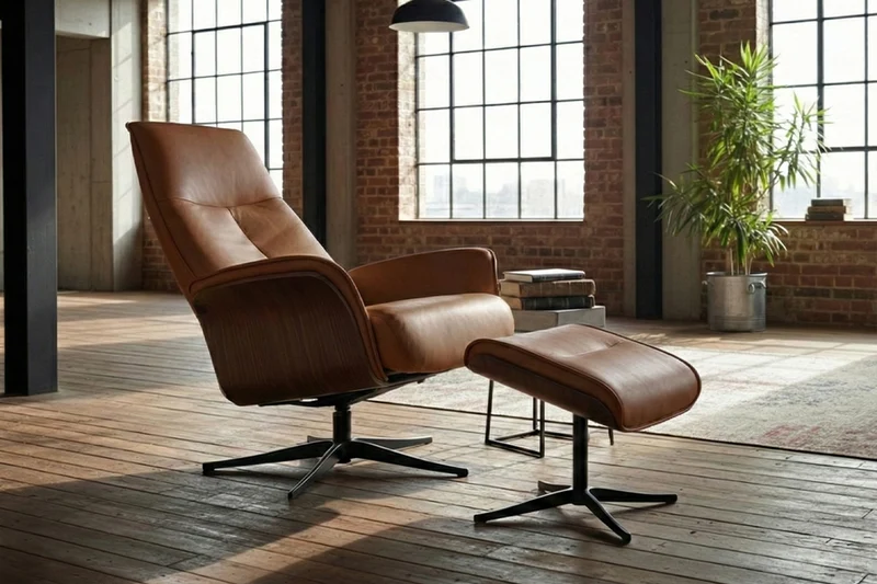 KAWOLA Relaxsessel FERREIRA Drehsessel Leder braun mit Hocker