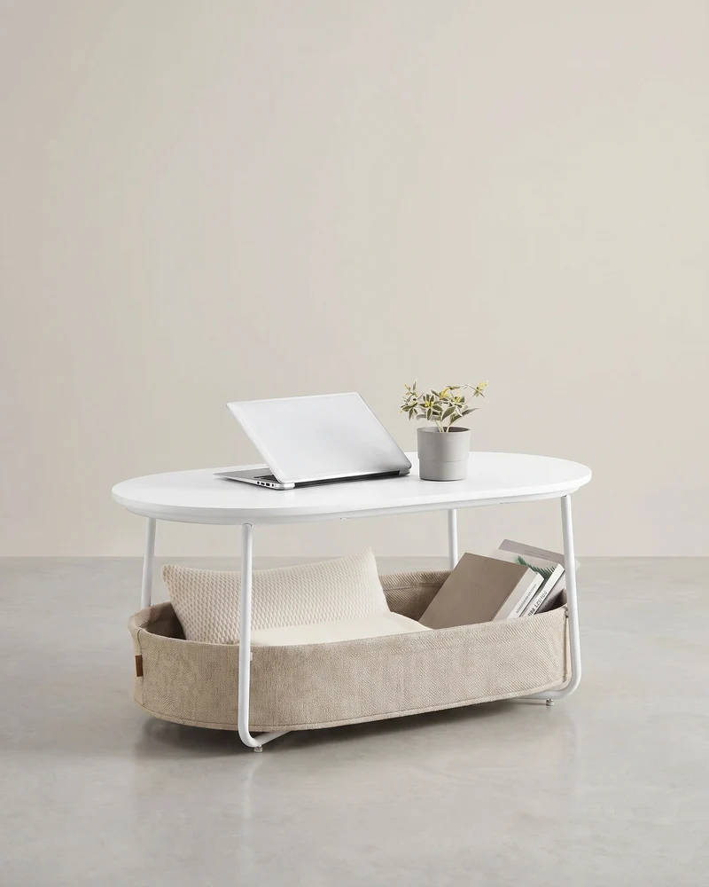 Couchtisch – Oval – Stauraum – Stahl und Spanplatte