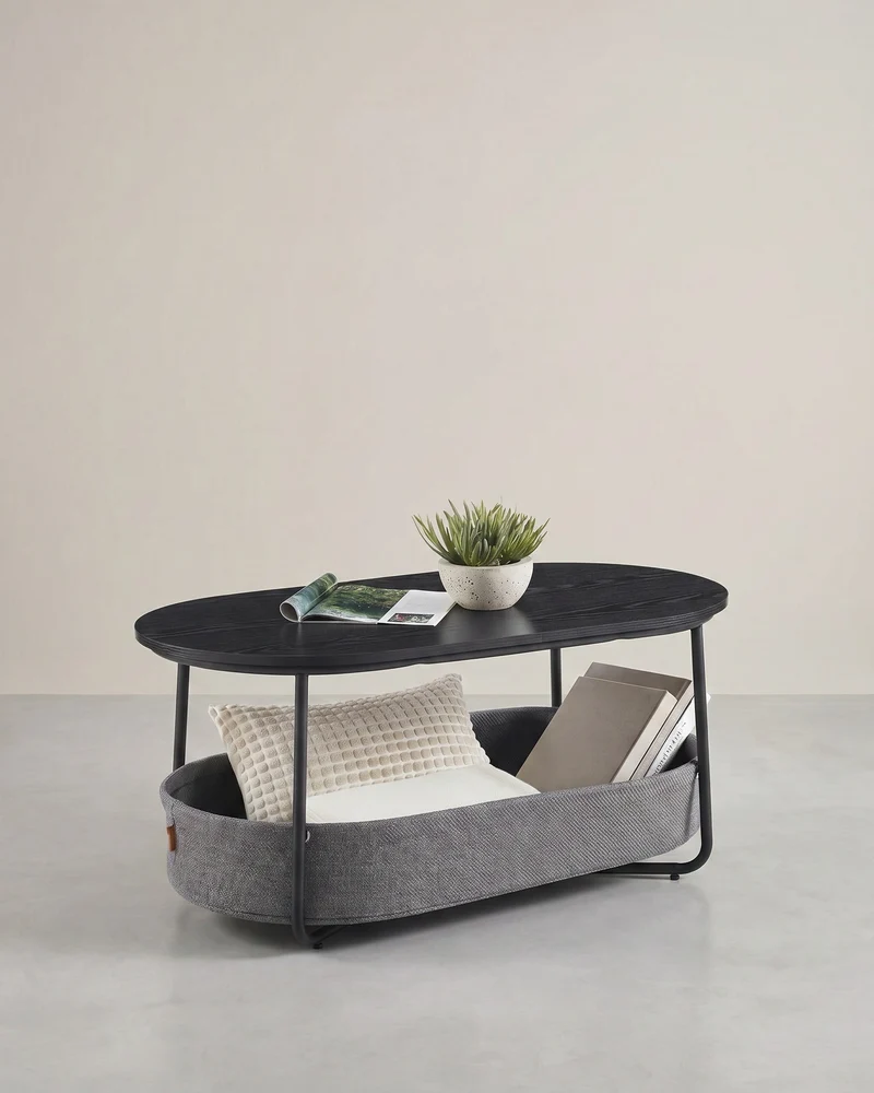 Couchtisch – Oval – Stauraum – Stahl und Spanplatte